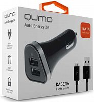 АЗУ Qumo, 2 USB + кабель 1000mAh/1000mAh, чёрный