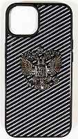 Силиконовый чехол для Apple iPhone 13/14 карбон герб РФ черный