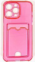Силиконовый чехол для Apple iPhone 15 Pro Max с кардхолдером и уголками прозрачный розовый