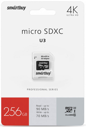 256GB флэш драйв MicroSDXC class10 PRO U3 R/W:90/70 MB/s Smartbuy (с адаптером)