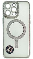 Силиконовый чехол для Apple iPhone 14 Pro Max magsafe с блестками и окантовкой из страз серебро