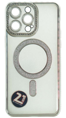 Силиконовый чехол для Apple iPhone 14 Pro Max magsafe с блестками и окантовкой из страз серебро
