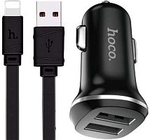 АЗУ 2 USB HOCO, Z1, 2100mA, пластик, кабель Apple 8 pin черный