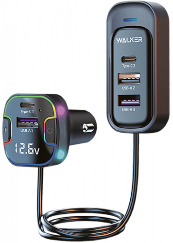 АЗУ WALKER WCR-75,100Вт, с удлинителем 1.5м, Type-Cx2, USBx3 , поддержка QC+PD, черный