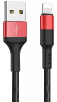 Кабель USB - Apple 8 pin HOCO X26 Xpress 1.0м круглый 2.1A ткань чёрный, с красной вставкой
