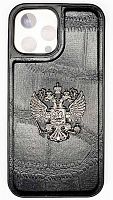 Силиконовый чехол для Apple iPhone 13 Pro Max кожа герб РФ черный