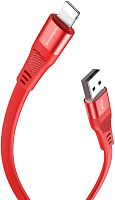 Кабель USB - 8 pin Borofone BU18 Crown, 1.2м, плоский, 2.4A, силикон, огнестойкий красный