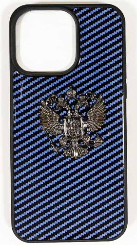 Силиконовый чехол для Apple iPhone 15 Pro Max карбон герб РФ синий