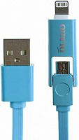 Кабель USB 2.0 - microUSB/Apple 8pin, 2-в-1, 1м, 2.1A, голубой, плоский, OLMIO