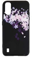 Силиконовый чехол для Samsung Galaxy A01/A015 стеклянный цветы черный